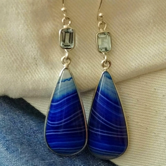 Jewelry - Blue Striped Botswana Agate & Topaz Earrings